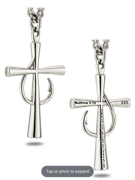 Shields of Strength Men's Fish Hook Cross Necklace-Matthew 4:19 - The Tool Store