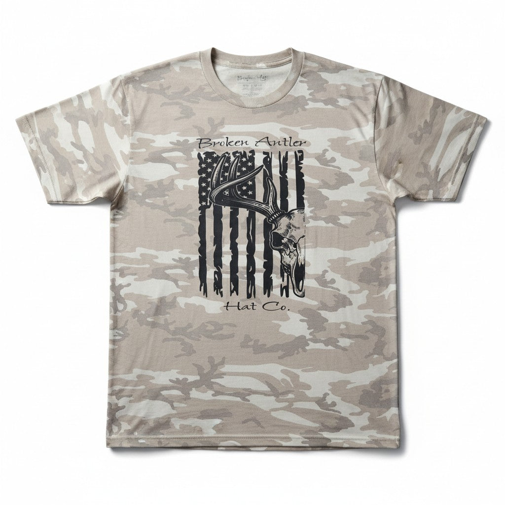 Broken Antler Hat Co.- Broken Antler Flag Deer Skull Shirt Front - The Tool Store