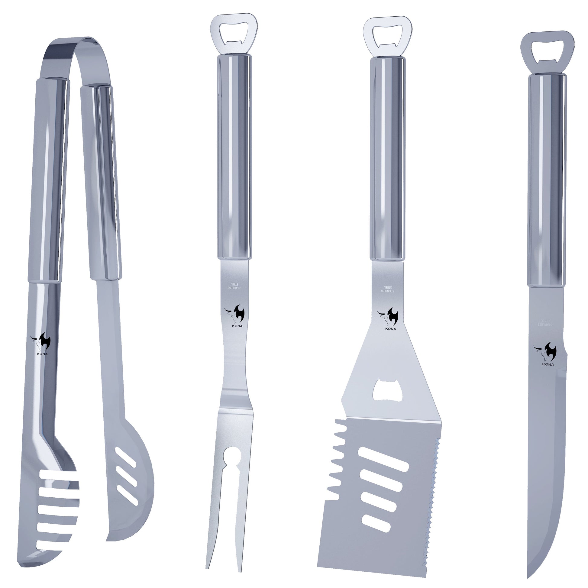 Kona Grill Tools Set - Stainless-Steel Spatula, Tongs, Fork, Knife, Openers & Case - The Tool Store