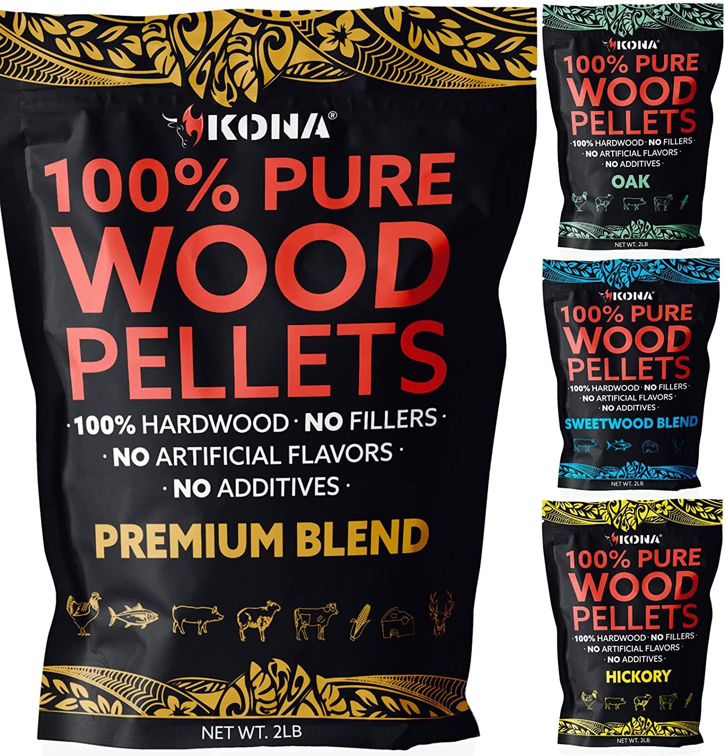 Kona Premium Wood Pellets - Grilling, BBQ & Smoking - Concentrated 100% Hardwood Variety Pack - The Tool Store