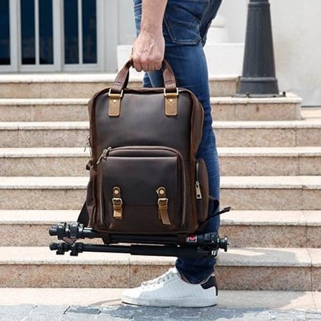 The Gaetano | Large Leather Backpack Camera Bag with Tripod Holder - The Tool Store